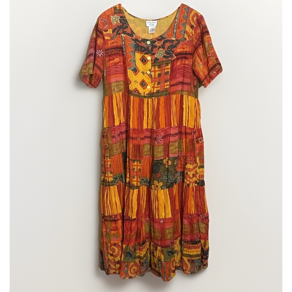 Maxi Dress M Tropical Island Orange Hawaiian Leisurewear Boho Hippie Floral